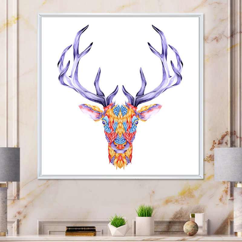 Tête de cerf multicolore, H 36 po x l 36 po x P 1,5 po, Toile avec cadre flottant blanc