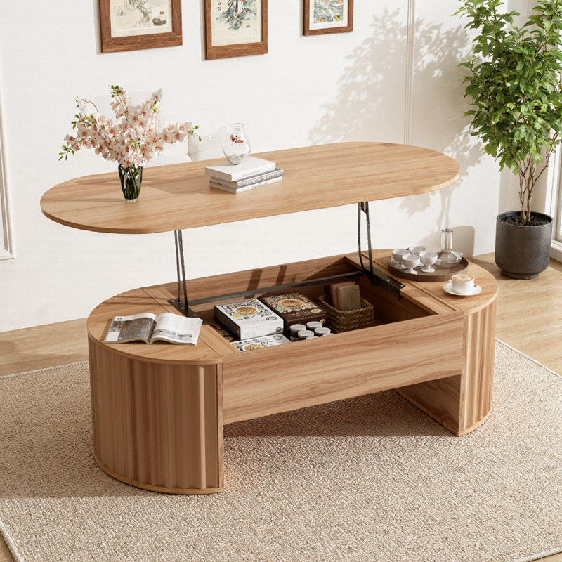 Table basse à plateau relevable avec compartiment caché, table centrale en bois partiellement assemblée, plateau de table ovale moderne pour le salon