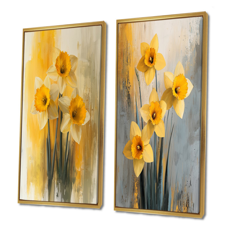 Silencieux jonquille minimaliste fleurs I - Collection d'art mural floral 2 panneaux, H 28 po x l 25 po, Cadre flottant doré