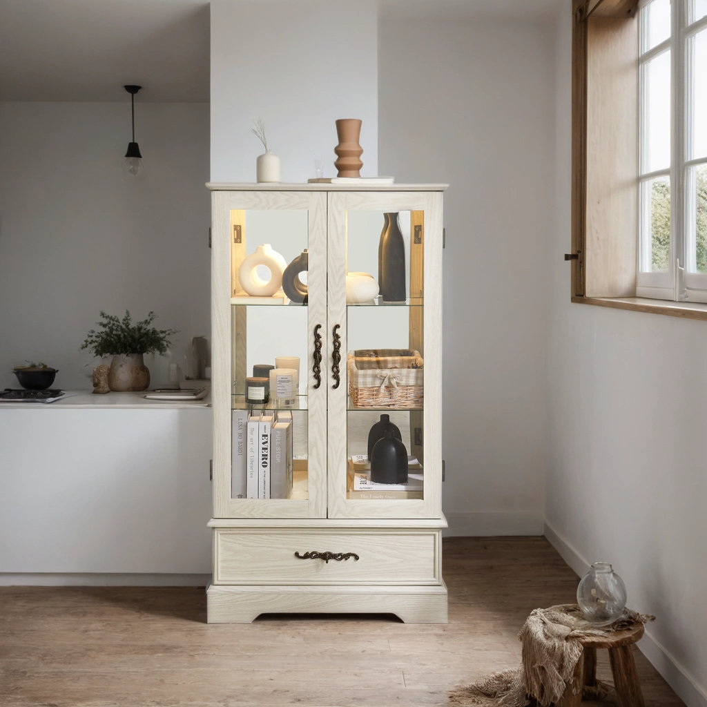 Winston Porter Lighted Glass Display Cabinet Adjustable Shelves Built ...