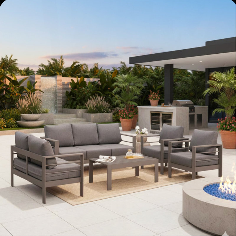 Ensemble de conversation de patio 5 pièces en aluminium 5 pièces, canapé d'extérieur 7 places avec coussins épais gris foncé et structure grise et table basse