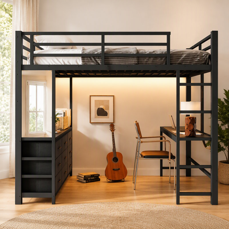 Lit mezzanine double avec bureau, tiroirs, lampe à DEL et port USB, couleur noire