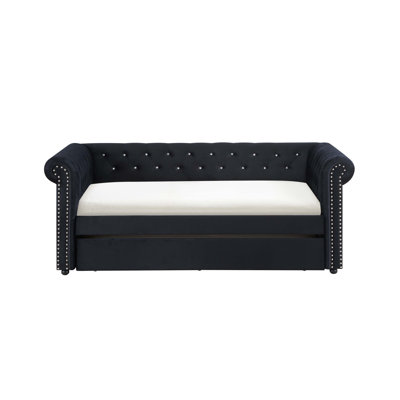 Luxurious 1Pc Modern Aesthetic Beautifully Button Tufted Nailhead Trim Design Daybed Built-In Pull-Out Trundle Bed