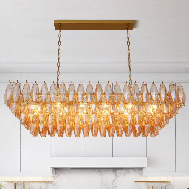  Lohan 4-Tier Dimmable Rectangle Kitchen Island Glass Chandelier Ceiling Pendant Lights(Bulbs Included), Gold