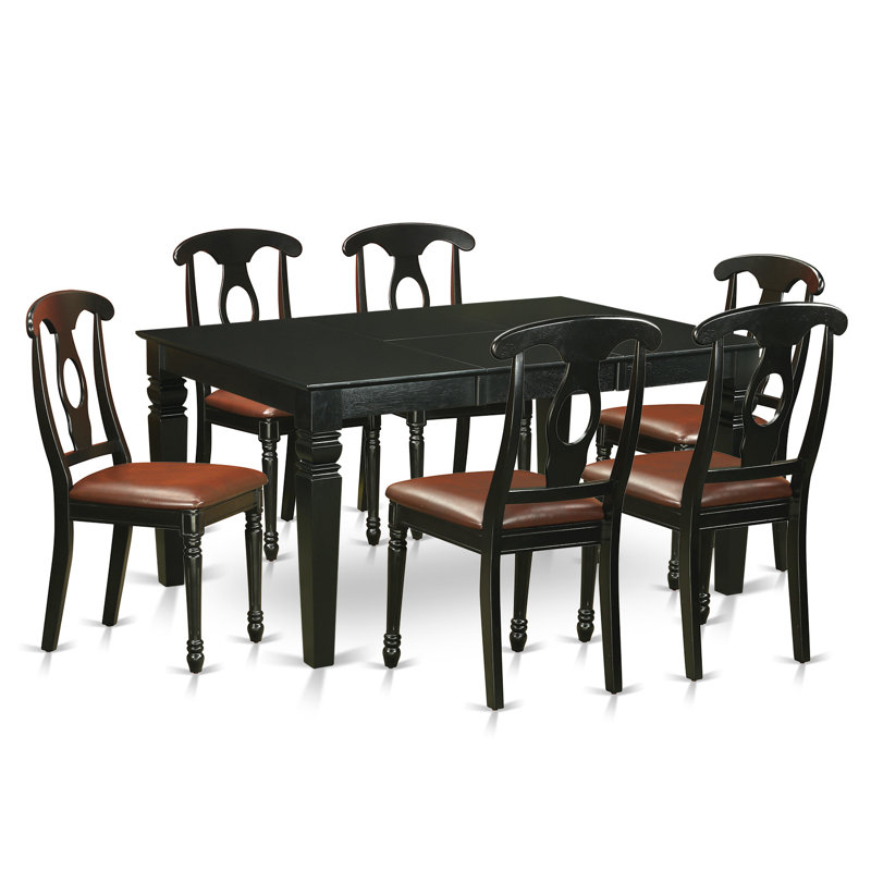 7 Piece Dining Room Table Set Consist of a Rectangle Kitchen Table with Butterfly Leaf and 6 Faux Leather Chairs, Black