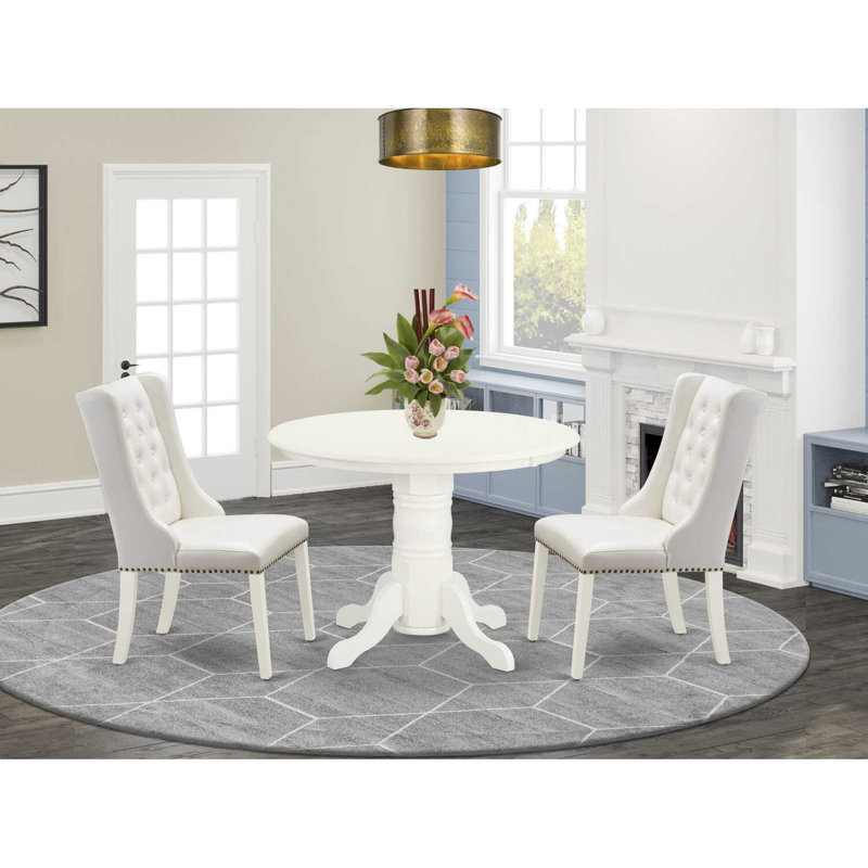 3 Piece Dining Set Contains a Round Dining Room Table with Pedestal and 2 Light grey Faux Leather Upholstered Parson Chairs, Linen White