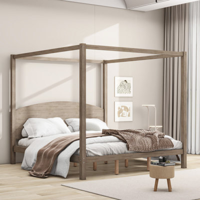 King Size Canopy Platform Bed with Headboard – Brown Wash Wood Bed Frame with Support Legs, Modern Bedroom Furniture