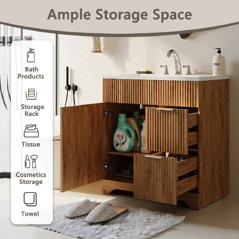 Fluted Bathroom Vanity With Ceramic Sink With Drawers &  Storage Cabinet, 30" 