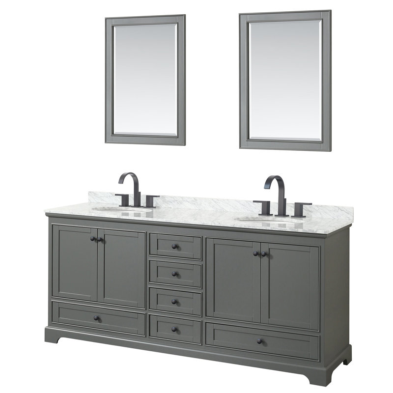 Ensemble de meuble-lavabo double 80 "avec miroir Deborah, Gris foncé, Noir mat