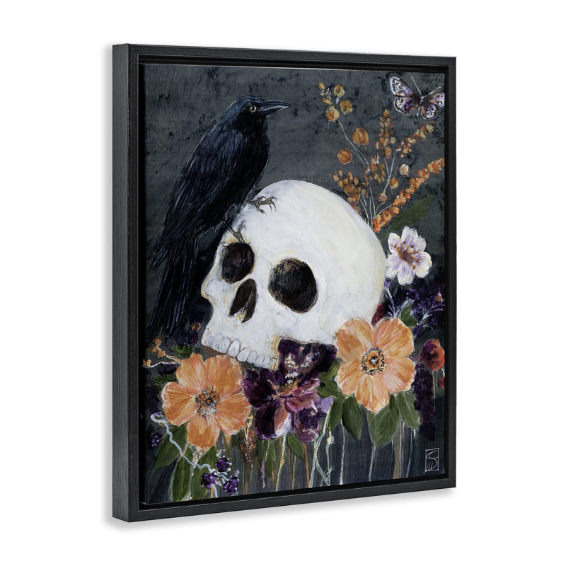 Cadre d'Halloween avec fleurs et crâne flottant, design par Sara Culpepper, Cadre flottant noir de jais, H 21 po x l 17 po