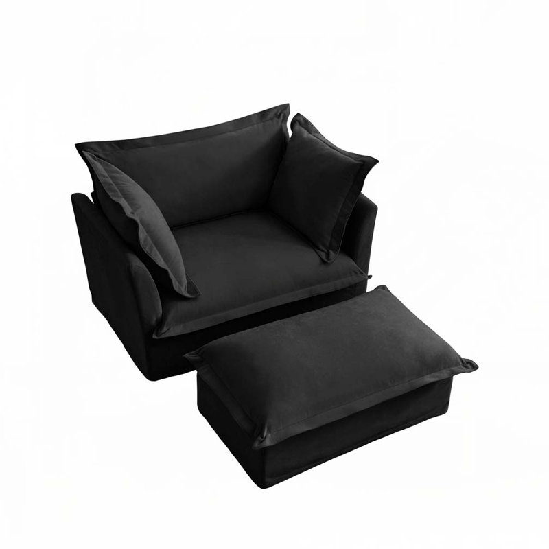 Fauteuil en chenille avec repose-pieds large, assise profonde et grands coussins moelleux, ensemble de 2, Black