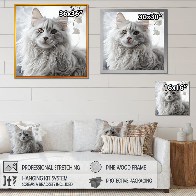 Portrait de chat câlin noir et blanc I - art mural chat, Cadre flottant brun, H 16 po x l 16 po x P 1 po
