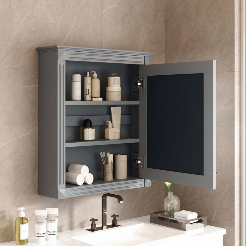 Armoire de salle de bain murale moderne avec tablettes réglables et miroir, Gris