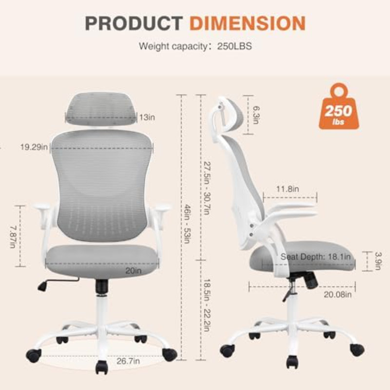 Fauteuil de direction de bureau à domicile, filet haut avec appui-tête réglable, accoudoir rabattable, soutien lombaire confortable, accoudoirs confortables pour chambre à coucher, bureau, étudiant
