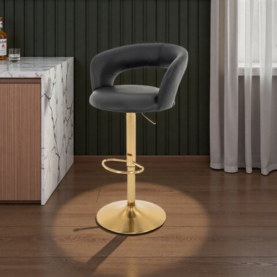 Bar Stool, Modern PU Leather and Metal Base Swivel Adjustable Barstool With Hollow Back And Arms, Upholstered Airlift Counter Height Bar Chair For Kitchen Dining
