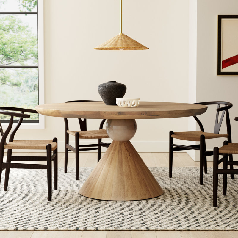 Eloisa Round Solid Wood Top Dining Table, Smoked Honey/Blush Marble