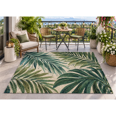 Tapis d'extérieur 152 x 213 cm (5' x 7') à motif tropical de feuilles de palmier, imperméable et résistant, en PVC bouclé, idéal pour terrasse, balcon, entrée, VR ou autre espace extérieur. Séchage rapide.