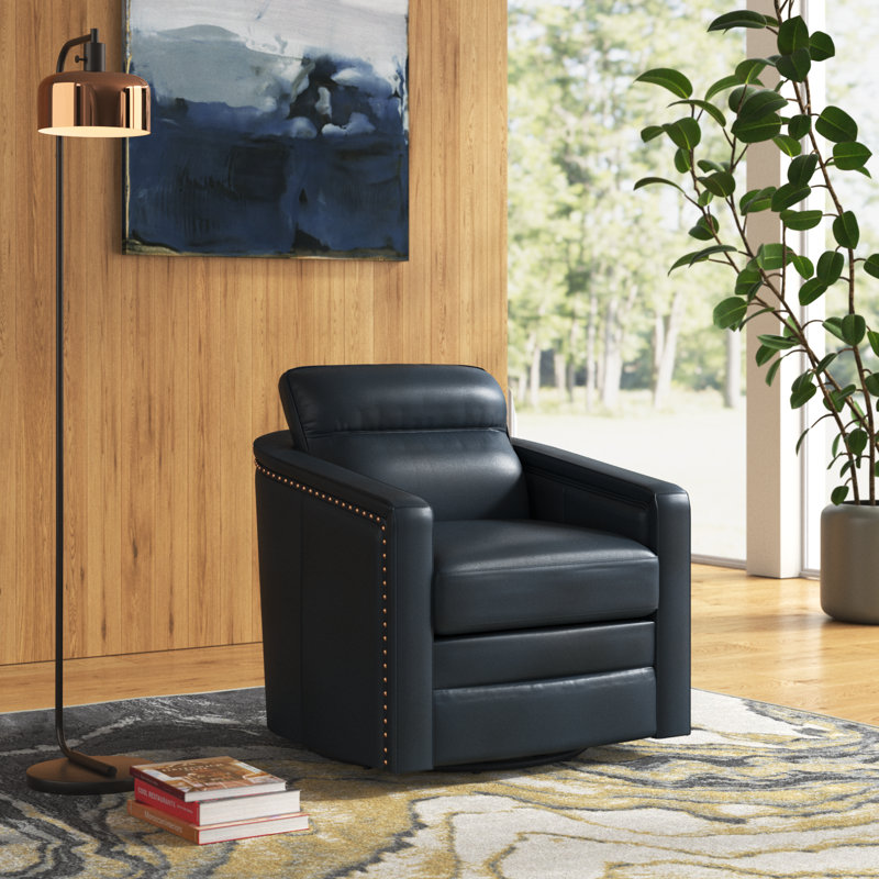 Alfonso 28.74'' Wide Genuine Leather Swivel Barrel Chair with Nailed Trim, Navy Genuine Leather