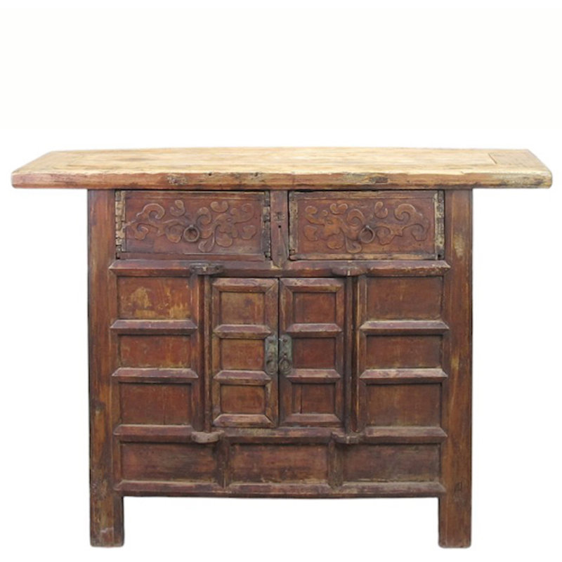 Double Top Drawer Carved Elm Sideboard