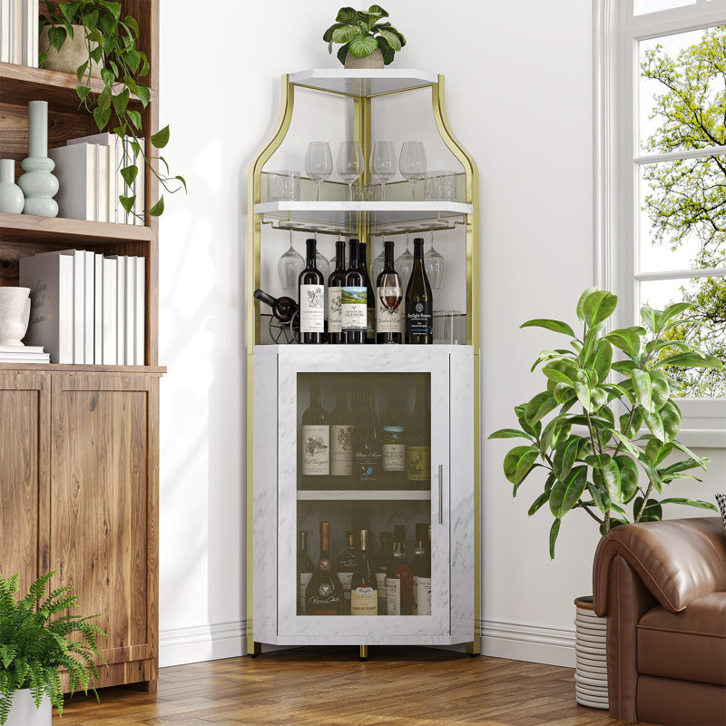 Armoire de bar d'angle avec support amovible, porte de grange et grillagée, tablette réglable, armoire pour bar à domicile, tableau blanc en marbre