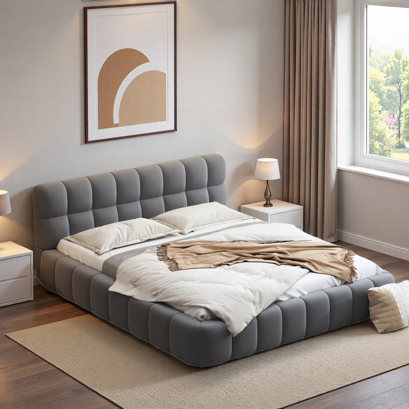 Élégant lit plateforme tapissier avec tissu épais, lit avec base solide, Gris
