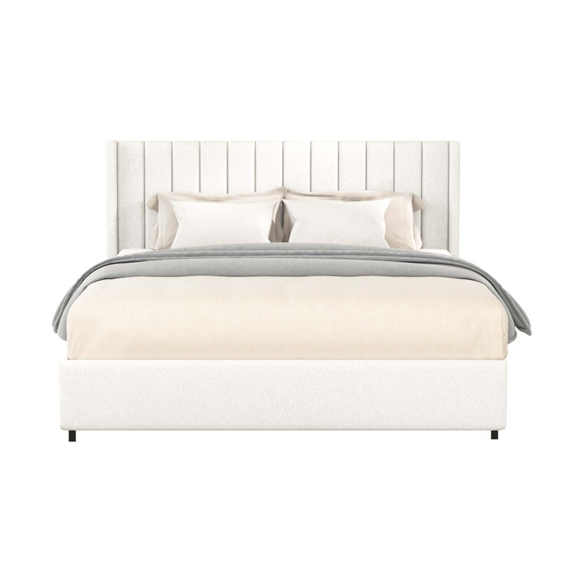 Identique à B083119691 Grand lit plateforme tapissier ivoire avec rangement à 4 tiroirs, tête de lit capitonnée et support de matelas à lattes en bois Anda