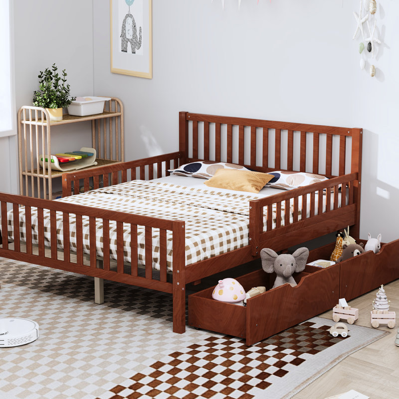 Lit plateforme en bois de noyer pleine grandeur avec deux barrières de sécurité latérales et deux tiroirs de rangement, pin robuste, 8 lattes pour l'équilibre avec tiroirs de rangement, style, stabilité