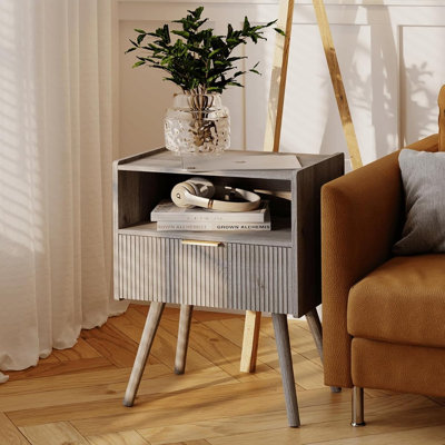 Modern Nightstand with Storage Drawer and Open Wood Shelf – Accent Bedside Table with Solid Wood Legs, Grey Oak