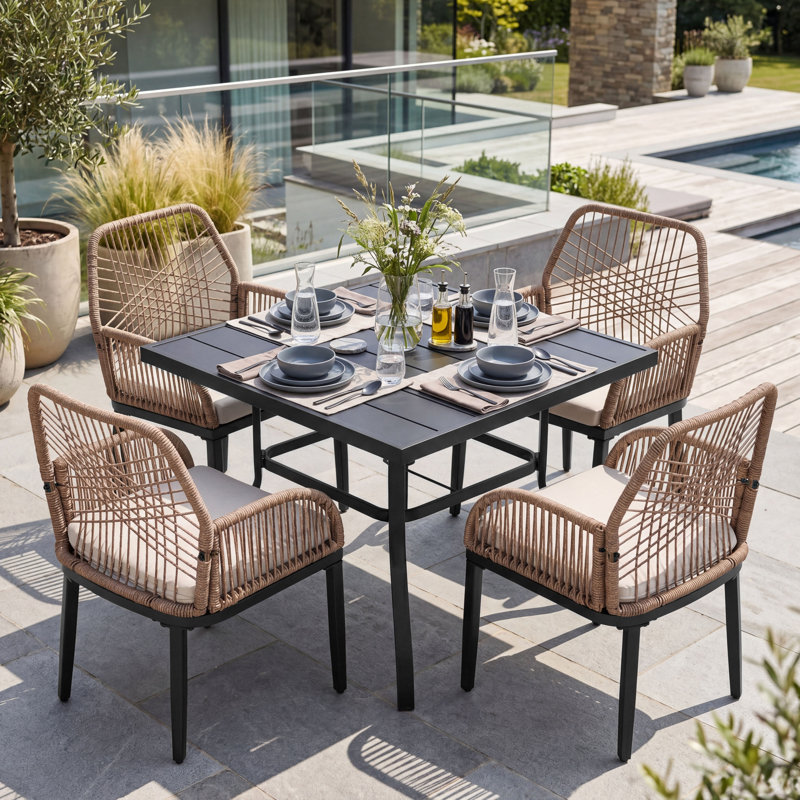 5pcs Rattan Metal Patio Dining Set With Umbrella Hole, Zippered Cushions, 28.3" H x 37" W37" D, Square, 4