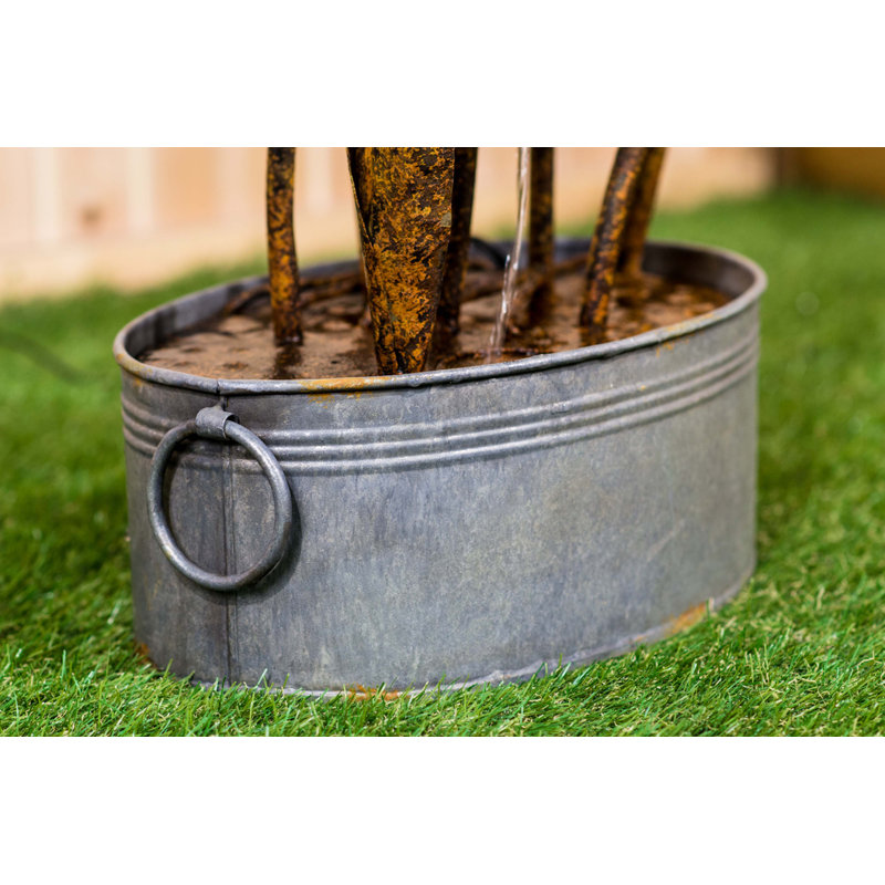 Rustic Metal Flamingo Garden Fountain with Leaves