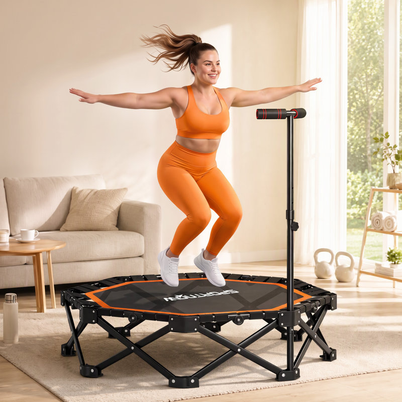 42" Foldable Mini Trampoline, One-Step Fold & Open, 550LBS Capacity, 3-Level Adjustable Handle, Bungee Rebounder Fitness Trampoline, Orange
