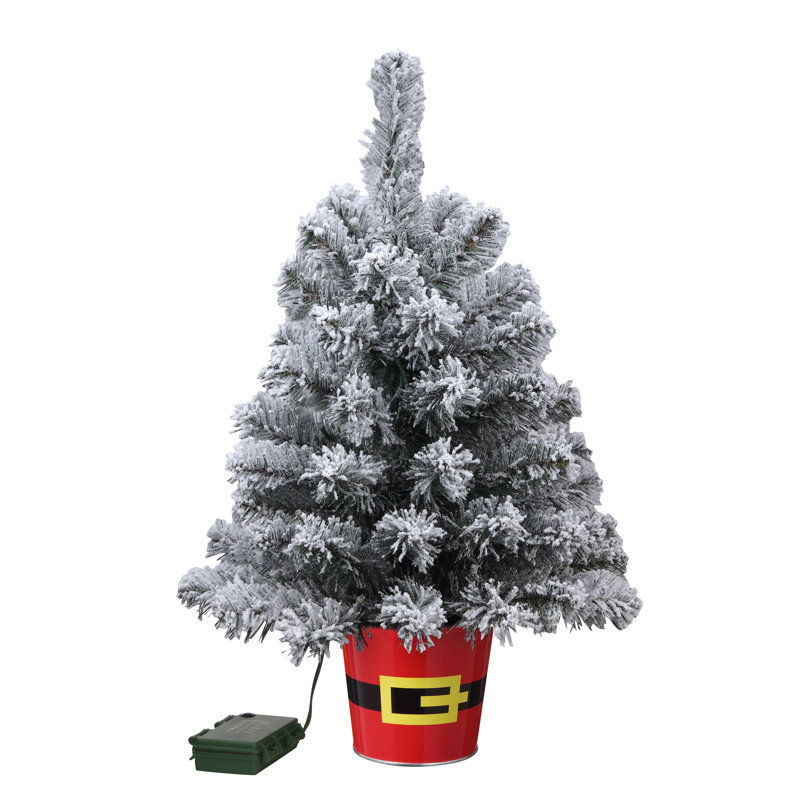  20 Inch Potted Night Tree, Snowy Flocked with Clear Lights