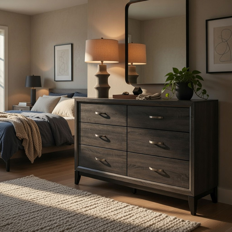 Hudson 58" Modern Charcoal Gray 6-Drawer Dresser, Gray