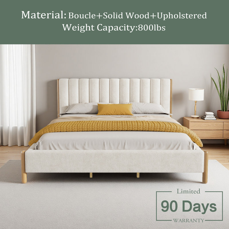 Bed Frame With Boucle Upholstered Thick Headboard, King