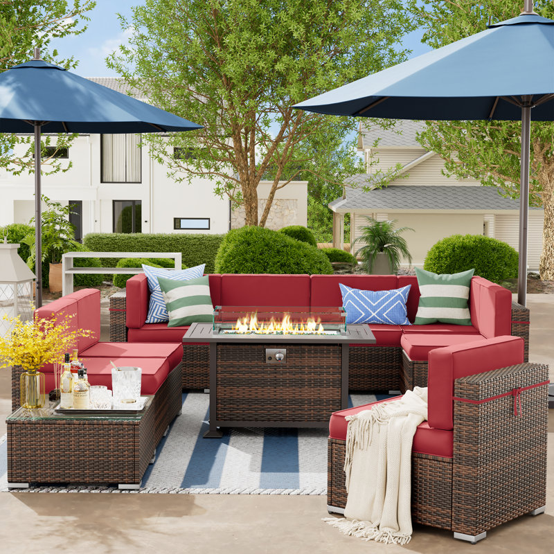 Angeli 8 Person Rattan Seating Group with Fire Pit Table, Coffee Table, Burgundy