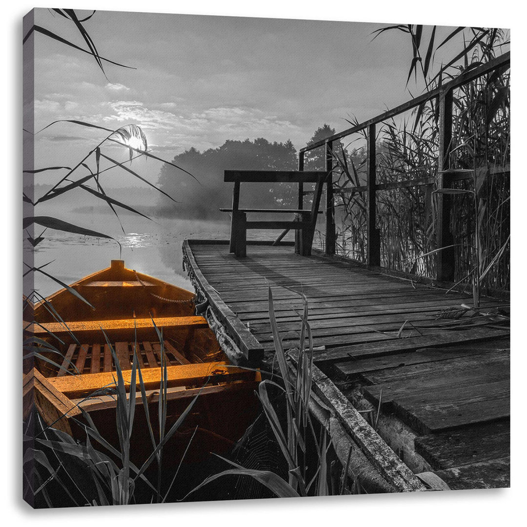 Leinwandbild Boat Pier on the Lake at Sunset in Schwarzweiß