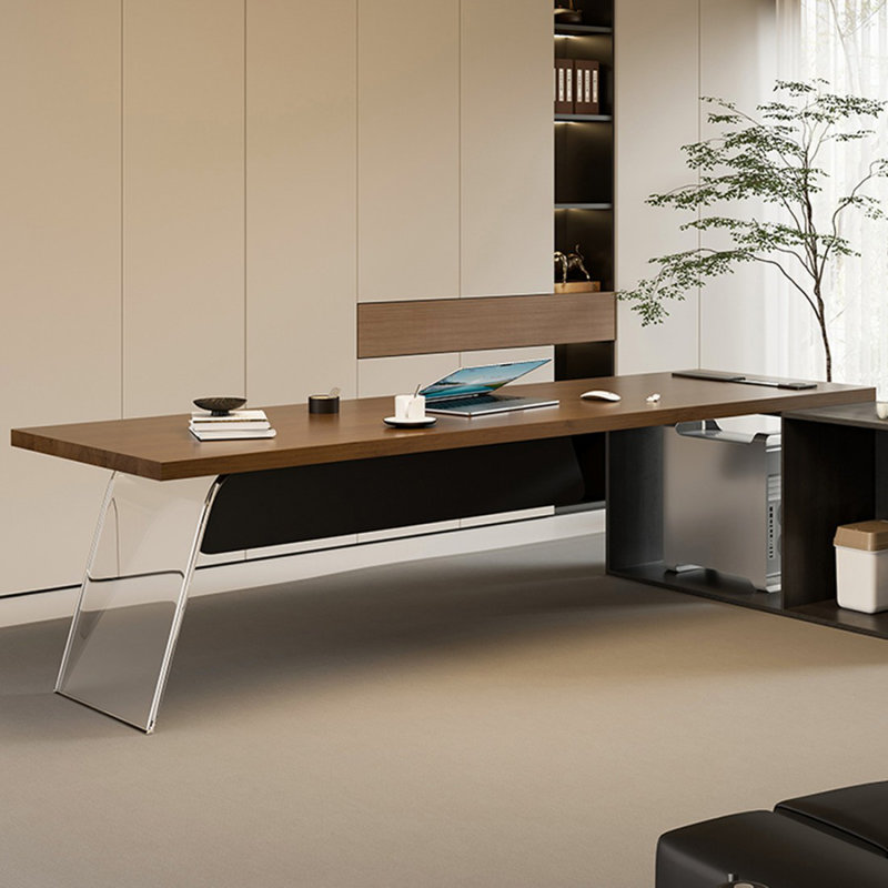 Bureau de direction rectangulaire en bois massif brun clair + acrylique, 29.53" H x 62.99" W x 55.12" D, Retour à droite