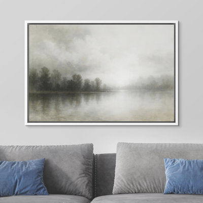 Bright Misty Forest Lake with Morning Light Reflection Framed Canvas Master Bedroom Wall Art Work Print
