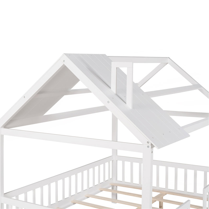 Lit double en bois pleine grandeur avec clôture, blanc