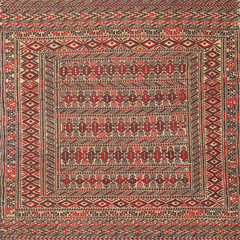 Tapis traditionnel brun / beige / rouge, Carré 3 pi