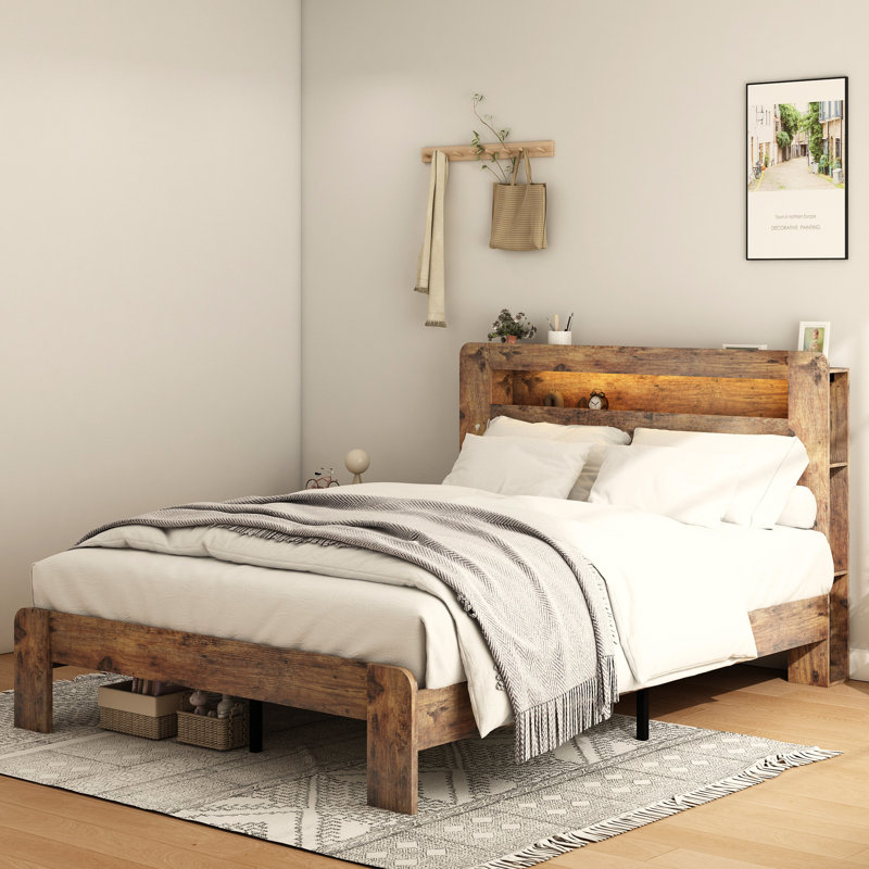 Structure de lit en bois avec tête de lit à DEL et USB, Grand, Brun foncé