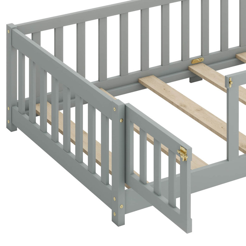 Lit de plancher en bois d'hévéa - clôture, porte et garde-corps de sécurité, Lit simple, Gris