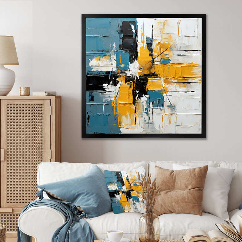 Blue And Yellow Paint Elegance I - Abstract Wall Art Print, Black Single Picture Framed, 30" H x 30" W x 1.5" D
