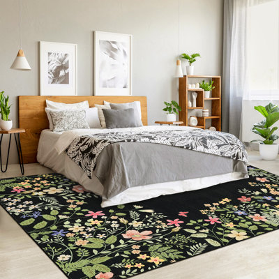 Tapis lavable 10 x 13 po, tapis botaniques noirs doux antidérapants pour le salon, tapis de chambre à coucher sans perte de poils, tapis de sol ultra-mince résistant aux taches pour la table de salle à manger