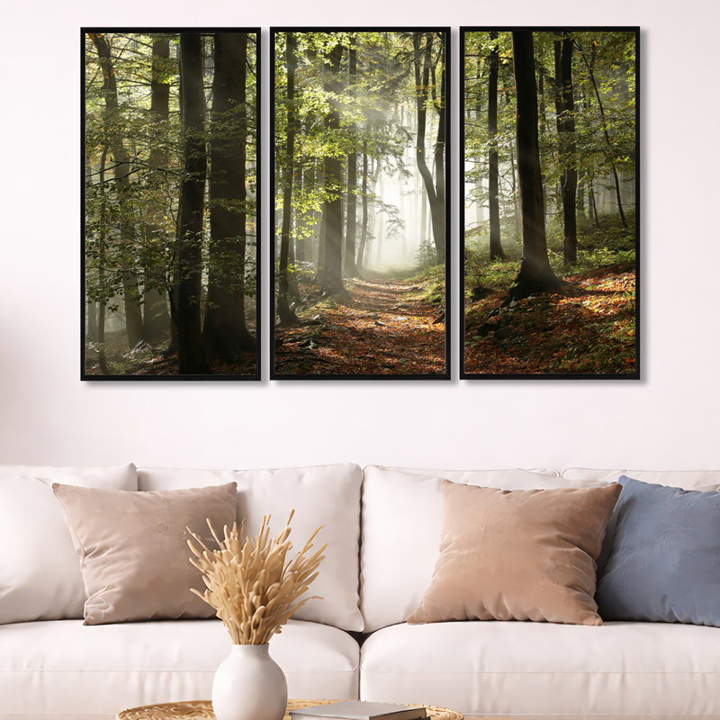 Forêt d'automne verte avec rayons de soleil - ensemble d'art mural sur toile encadré paysage, Noir