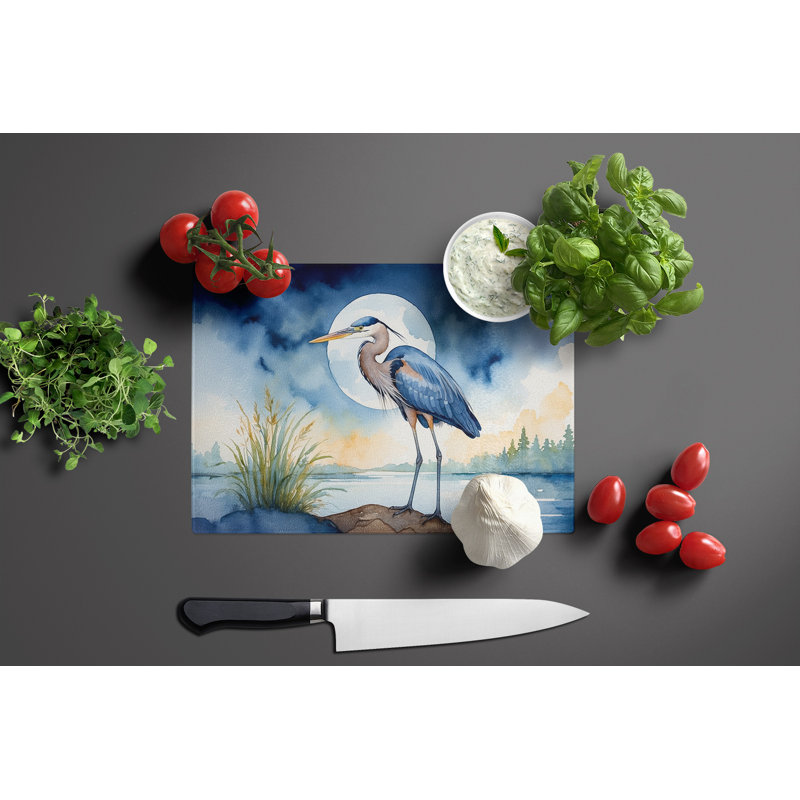 Blue Heron Under the Moonlight Glass Cutting Board