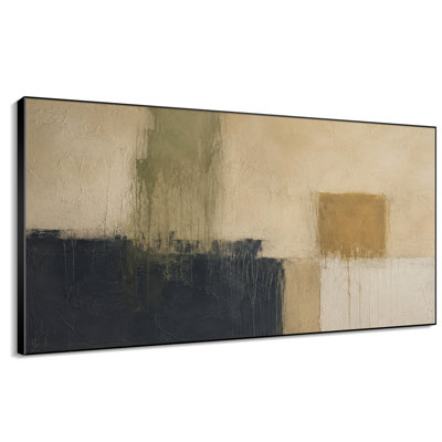 Extra Large Wall Art Fabric Print - Minimal Abstract Composition with Soft Beige Olive and Charcoal Layers Muted Earth Tone Blocks Contemporary Calm Interior Design for Living Room or Bedroom - "Frame Assembly Required (Unfinished Frame)"
