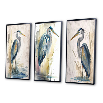 «Heron By The Waterside Watercolor I - Heron», ensemble de 3 reproductions d'art mural
