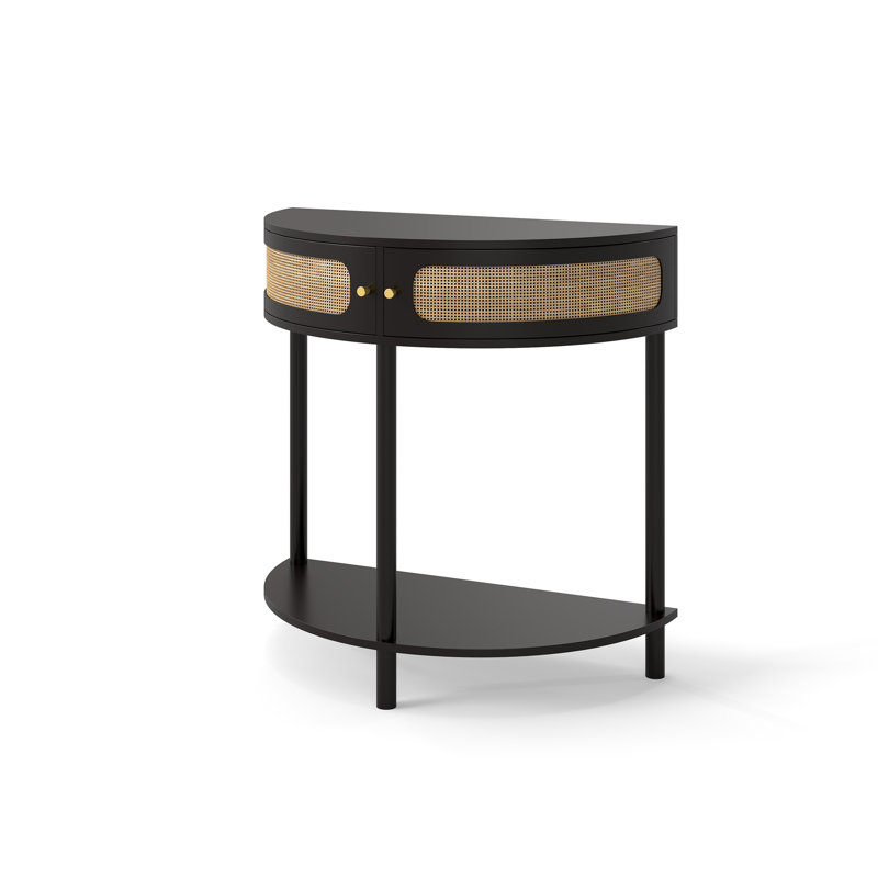 Unique Half Moon Design End Table With Sliding Rattan Door(Only Including Coffee Table,Without Chairs)