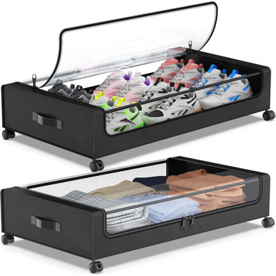 Under Bed Storage with Wheels, 2-Pack Underbed Storage Containers with Clear Lids, Under Bed Shoe Storage Organizer Bins, Rolling Under Bed Storage for Clothes Shoes Blankets